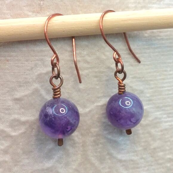 Artisan Copper Amethyst Stone Earrings Wire 12mm Round Gemstone Drop Dangle NEW - Picture 1 of 9